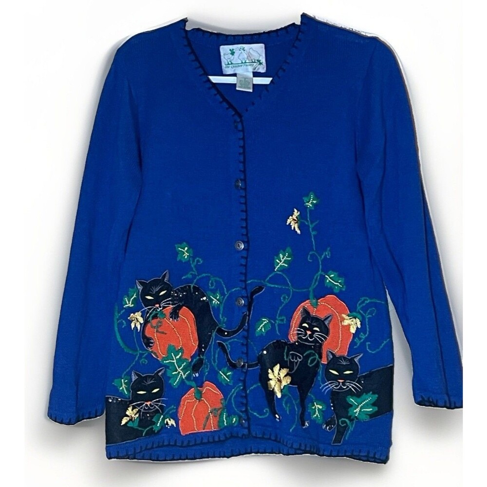Quacker Factory Cardigan S Halloween Cats Pumpkins Embellished Blue Vtg Artsy